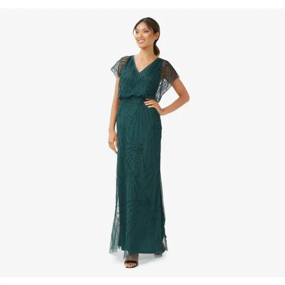 Beaded Long Gown with Flutter Sleeves in Emerald - Mother of the Bride Dress - Picture 2 of 6